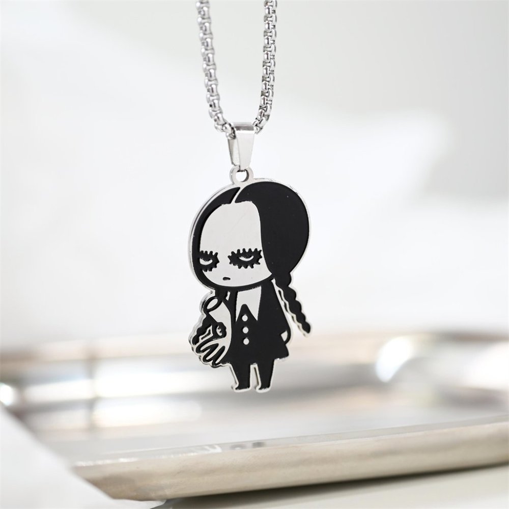 Wednesday Addams Necklace /  Titanium Steel Doodle Cartoon Gothic Girl
